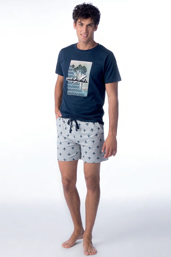MAN SHORT COTTON PYJAMAS WITH PRINT AND POCKETS-PJ VIAGGIO