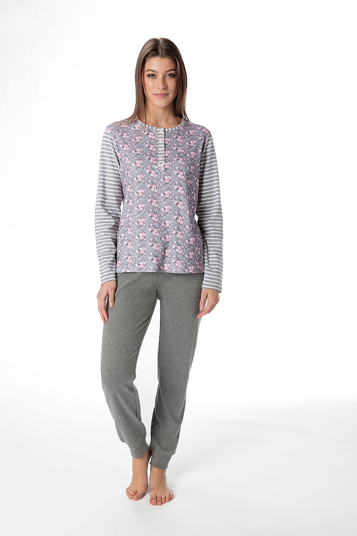 ANNY - ΓΥΝΑΙΚΕΙΑ ΒΑΜΒΑΚΕΡΗ INTERLOCK ΠΥΤΖΑΜΑ ΜΕ ΜΑΚΡΥ ΜΑΝΙΚΙ ΚΑΙ ΣΧΕΔΙΟ ΛΟΥΛΟΥΔΙΑ ΣΤΟ ΠΑΝΩ ΜΕΡΟΣ