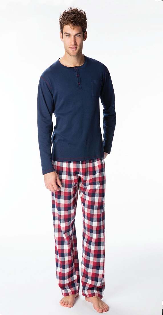 LEONARD - ΑΝΔΡΙΚΗ ΒΑΜΒΑΚΕΡΗ ΠΥΤΖΑΜΑ ΜΕ ΜΑΚΡΥ ΜΑΝΙΚΙ, ΚΟΥΜΠΙΑ ΚΑΙ ΚΑΡΟ ΠΑΝΤΕΛΟΝΙ