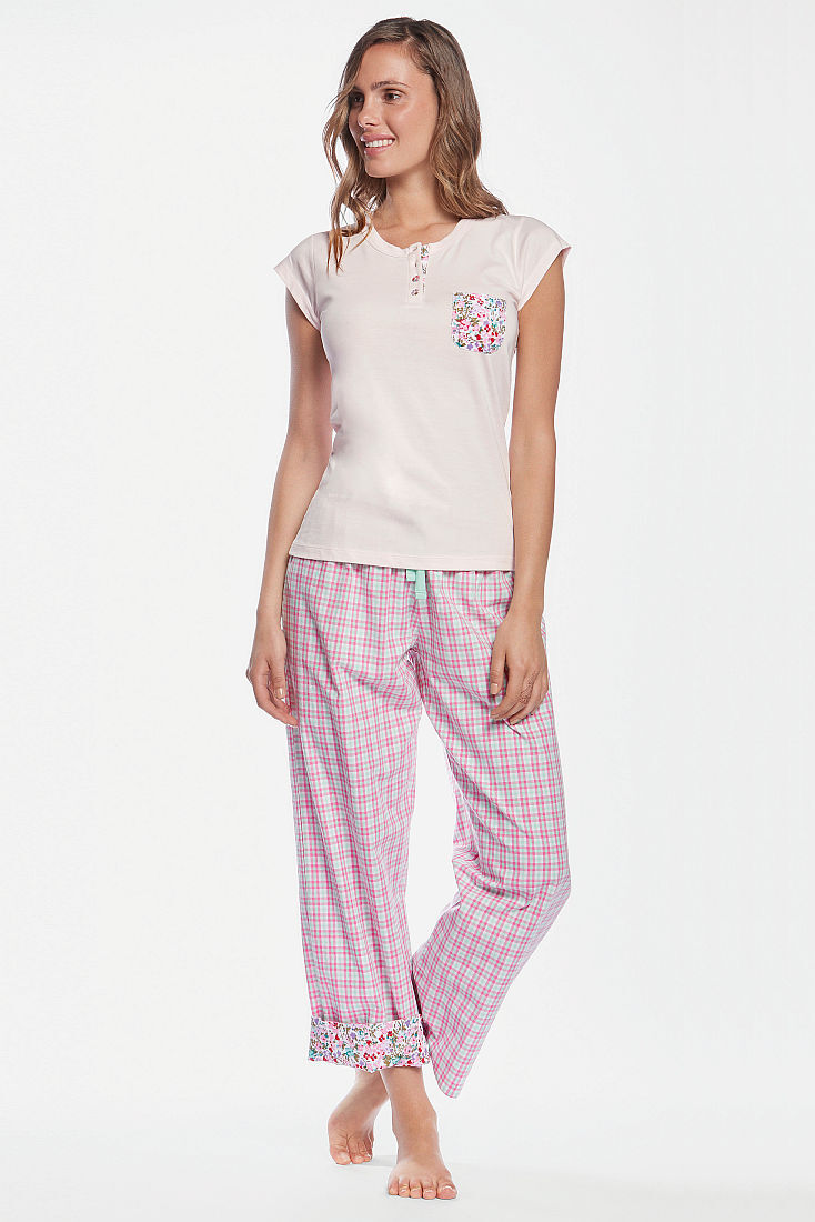 POPMEA LEDA - ΓΥΝΑΙΚΕΙΑ ΒΑΜΒΑΚΕΡΗ ΠΥΤΖΑΜΑ ΜΕ ΚΟΝΤΟ ΜΑΝΙΚΙ,ΛΑΙΜΟΚΟΨΗ ΜΕ ΚΟΥΜΠΑΚΙΑ ΚΑΙ ΚΑΡΟ ΠΑΝΤΕΛΟΝΙ