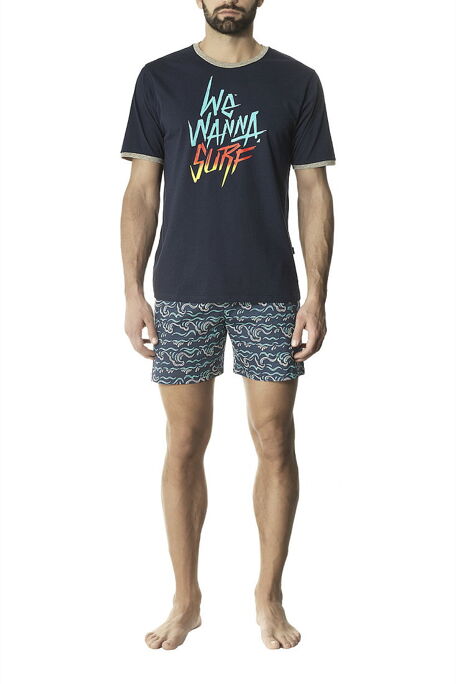 PJ FURIO - ΑΝΔΡΙΚΗ ΒΑΜΒΑΚΕΡΗ ΠΥΤΖΑΜΑ ΜΕ ΚΟΝΤΟ ΜΑΝΙΚΙ ΛΑΙΜΟΚΟΨΗ ΚΑΙ ΣΟΡΤΣ ΜΕ ΣΧΕΔΙΟ ΚΥΜΑΤΑ