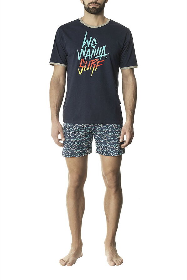 PJ FURIO - ΑΝΔΡΙΚΗ ΒΑΜΒΑΚΕΡΗ ΠΥΤΖΑΜΑ ΜΕ ΚΟΝΤΟ ΜΑΝΙΚΙ ΛΑΙΜΟΚΟΨΗ ΚΑΙ ΣΟΡΤΣ ΜΕ ΣΧΕΔΙΟ ΚΥΜΑΤΑ