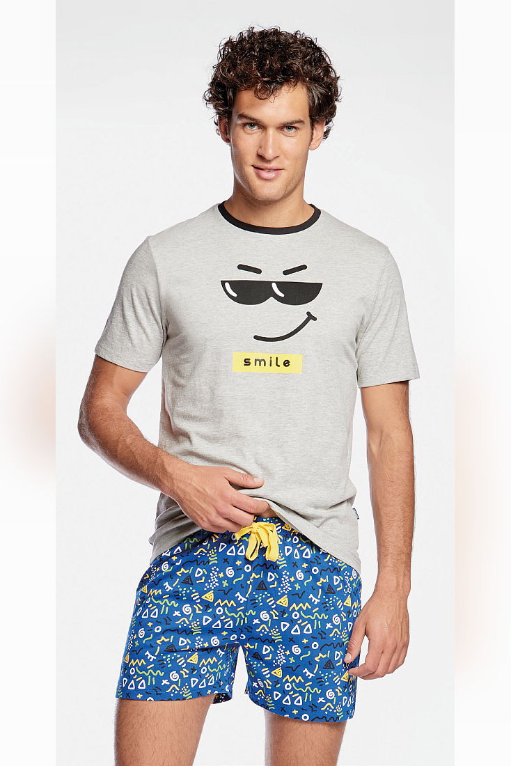 POMPEA BORIS - ΑΝΔΡΙΚΗ ΒΑΜΒΑΚΕΡΗ ΠΥΤΖΑΜΑ ΜΕ ΚΟΝΤΟ ΜΑΝΙΚΙ, ΛΑΙΜΟΚΟΨΗ ΚΑΙ  ΜΕ ΣΧΕΔΙΟ  SMILE