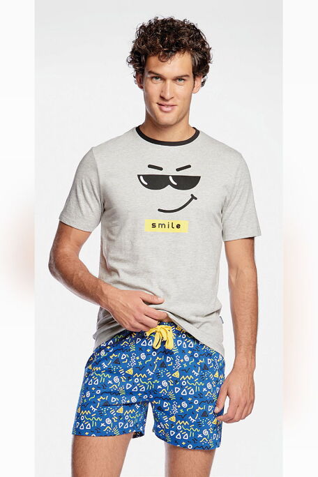 POMPEA BORIS - ΑΝΔΡΙΚΗ ΒΑΜΒΑΚΕΡΗ ΠΥΤΖΑΜΑ ΜΕ ΚΟΝΤΟ ΜΑΝΙΚΙ, ΛΑΙΜΟΚΟΨΗ ΚΑΙ ΜΕ ΣΧΕΔΙΟ SMILE