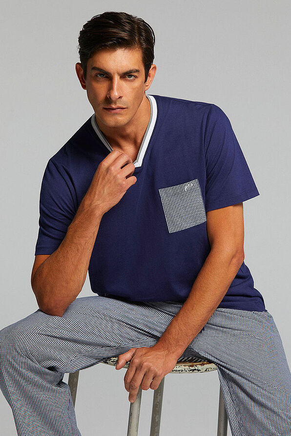 PJ TRISTAN MAN COTTON PYJAMAS. T-SHIRT V NECK AND POCKET SOLID COLOR. LONG TROUSERS IN WOVEN FABRIC