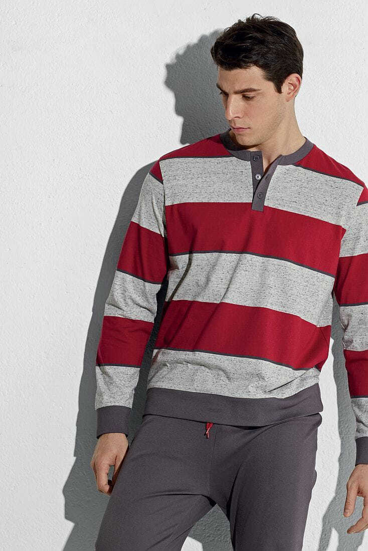 PJ FOPPOLO ΑΝΔΡΙΚΗ ΒΑΜΒΑΚΕΡΗ ΠΙΤΖΑΜΑ, Η ΜΠΛΟΥΖΑ ΖΕΡΣΕΙ ΜΕ ΠΑΤΙΛΕΤΑ, ΡΙΠ ΛΑΣΤΙΧΟ ΜΑΝΙΚΙ ΚΑΙ ΣΧΕΔΙΟ ΡΙΓΕΣ ΚΑΙ INTERLOCK ΠΑΝΤΕΛΟΝΙ ΜΕ ΤΣΕΠΗ ΣΤΟ ΠΙΣΩ ΜΕΡΟΣ.