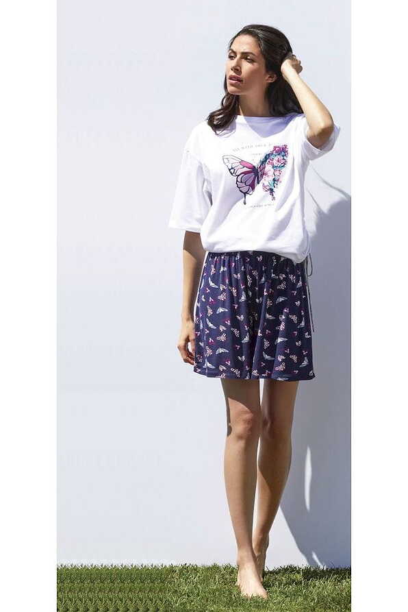 PJ CALENDULA WOMAN COTTON SHORT PYJAMAS WITH PLACED PRINT BUTTERFLY WITH SIDE DRAWSTRING CLOSE NECK SHORT SLEEVES AND VISCOSE PRINTED SHORTS