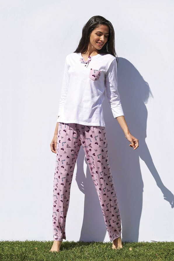 PJ ORTENSIA WOMAN VISCOSE-COTTON LONG PYJAMAS WITH BUTTERFLY PRINT BUTTON OPENING WITH POCKET 3/4 SLEEVES AND VISCOSE PANTS OPEN LEG