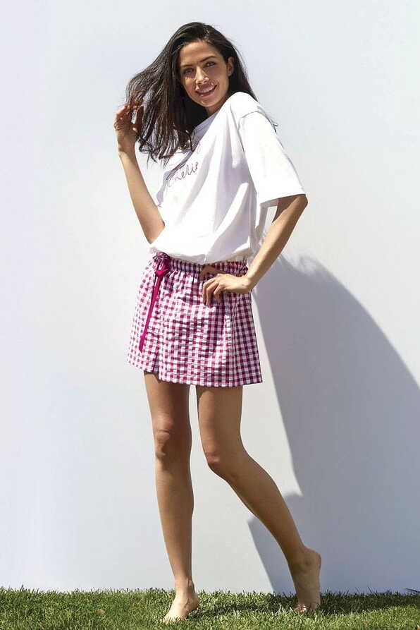 PJ PEPEROSA WOMAN COTTON SHORT PYJAMAS WITH EMBROIDERY AND WOVEN VICHY SHORTS ROUND NECK SHORT SLEEVES