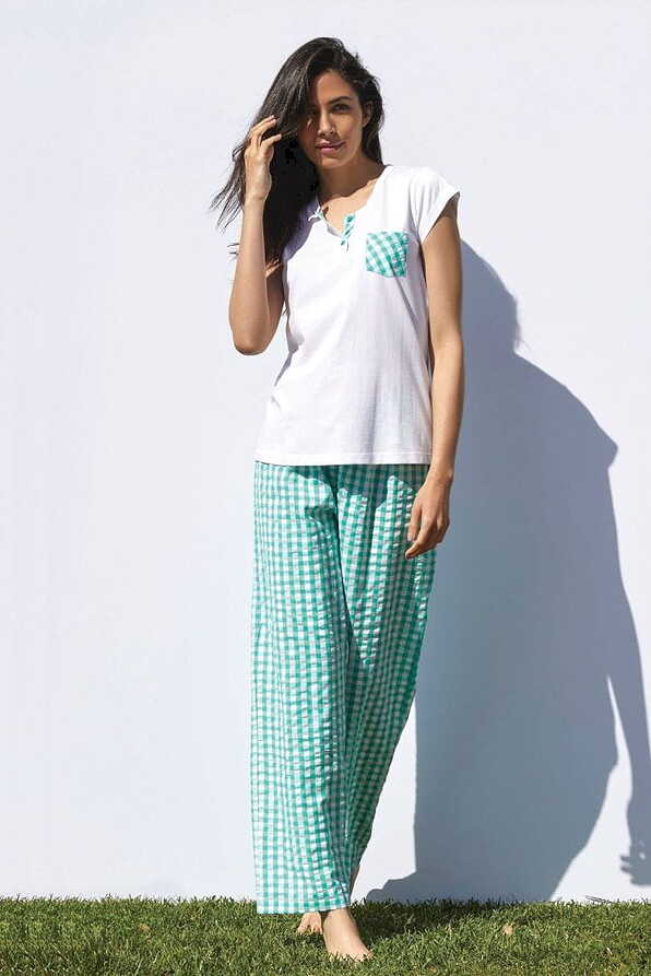 PJ LEALIA WOMAN COTTON LONG PYJAMAS WITH WOVEN VICHY PANTS OPEN LEG SHORT SLEEVES AND OPEN BUTTON NECK WITH POCKET