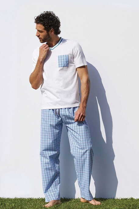 PJ EUCALIPTO MAN COTTON LONG PYJAMAS WITH WOVEN VICHY PANTS OPEN LEG SHORT SLEEVE V-NECK WITH POCKET