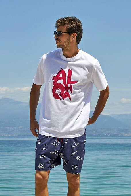 PJ MARITTIMO MAN COTTON SHORT PYJAMAS BERMUDA WITH PRINT ALOHA CLOSE NECK AND SHORT SLEEVES