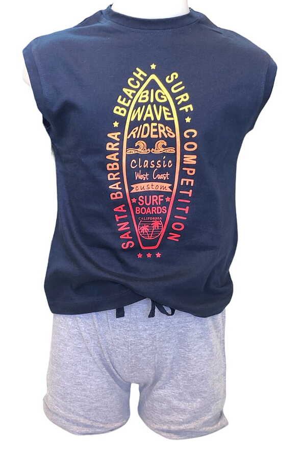 PJ CERRO BOY COTTON SHORT PYJAMAS WITH PLACED PRINT “SURF” ROUND NECK SLEEVELESS AND POCKET BEHIND