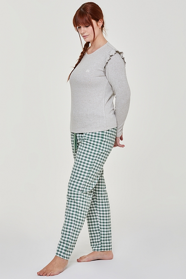 WOMAN LONG VISCOSE PYJAMAS WITH TINY EMBROIDERY AND FLANNEL PANTS - PJ PEONIA