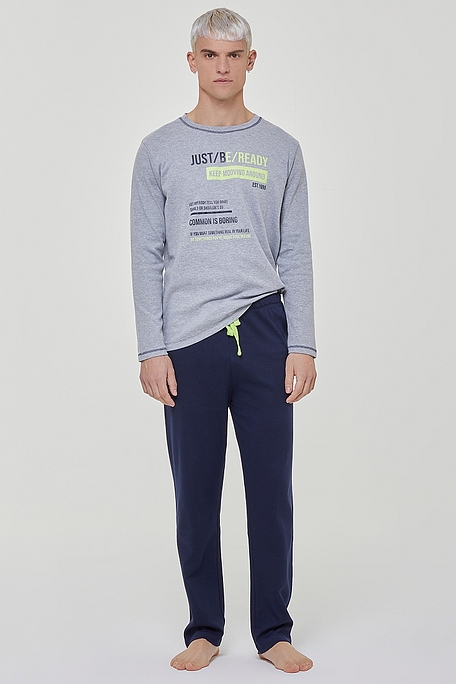 MAN LONG COTTON PYJAMAS WITH "JUST BE READY" PRINT AND PLAIN PANTS WITH OPEN LEGS AND BACK POCKET - PJ PISTACCHIO