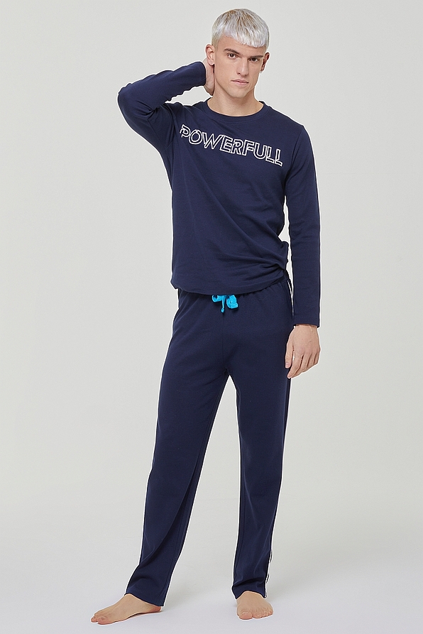 MAN LONG COTTON PYJAMAS WITH EMBROIDERY "POWERFUL" AND PANTS WITH SIDE STRIPE OPEN LEGS AND BACK POCKET - PJ YUCCA
