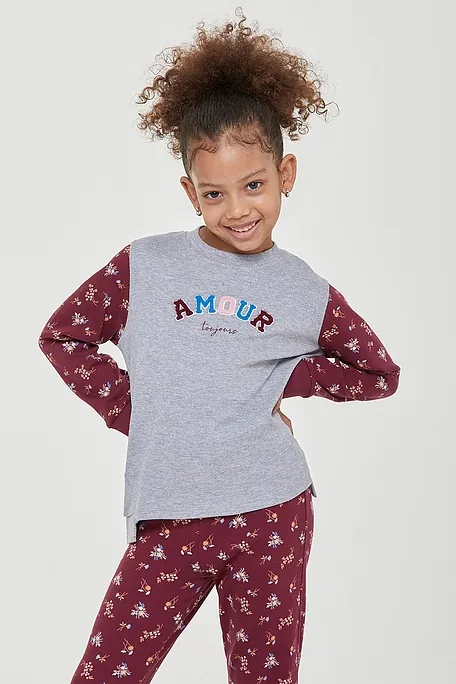 GIRL LONG COTTON PYJAMAS FLORAL WITH RAISED BOUCLE' PRINT "AMOUR" AND OPEN LEGS PANTS - PJ ANDROMEDA