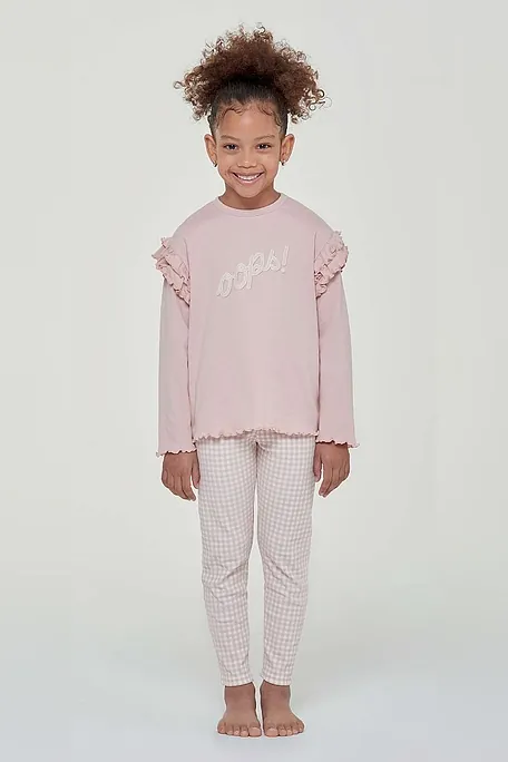GIRL LONG COTTON PYJAMAS WITH RUFFLES ON SLEEVES AND TARTAN PANTS WITH DECORATIVE BUTTONS AND BACK POCKET - PJ AURA