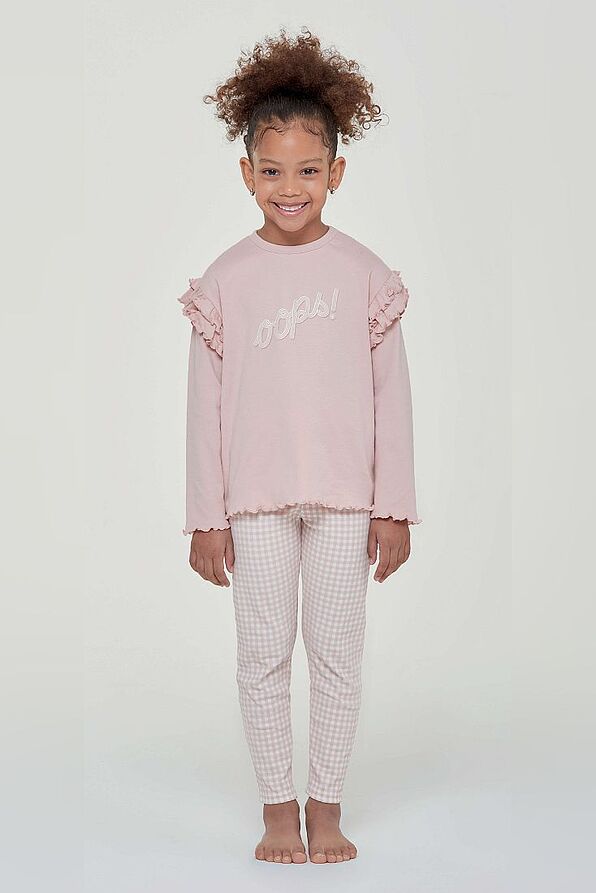 GIRL LONG COTTON PYJAMAS WITH RUFFLES ON SLEEVES AND TARTAN PANTS WITH DECORATIVE BUTTONS AND BACK POCKET - PJ AURA