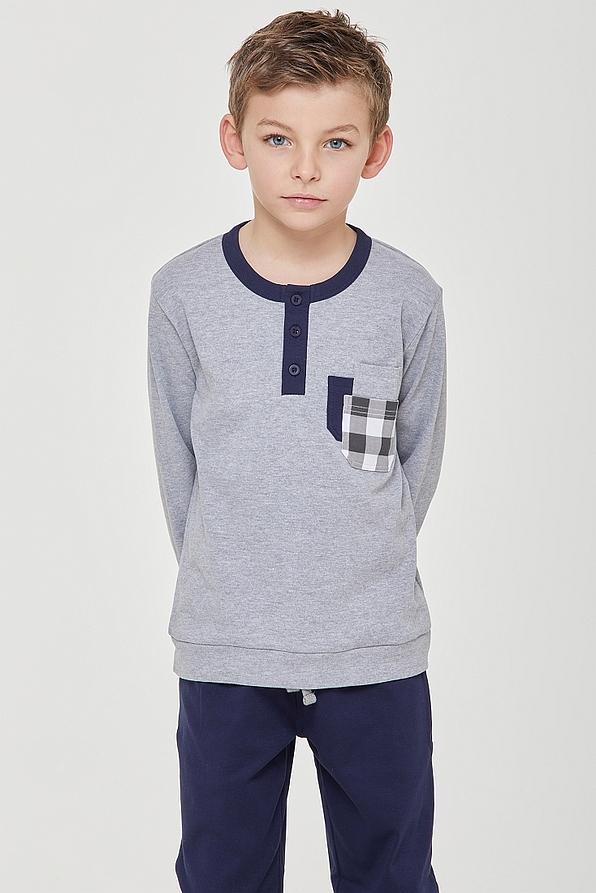 BOY LONG COTTON PYJAMAS WITH SERAPH AND PANTS WITH WAIST BAND CUFFED LEGS AND BACK POCKET - PJ WILLY