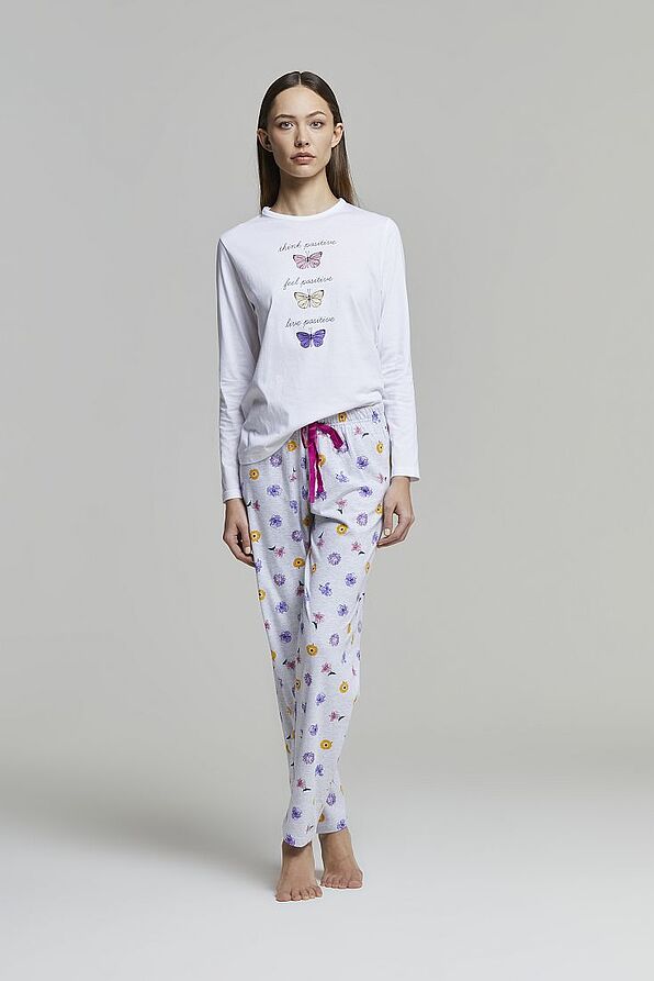 WOMAN LONG COTTON PYJAMAS WITH FLORAL PRINT BUTTERFLY PLACED PRINT AND BACK POCKET - PJ CORINNA