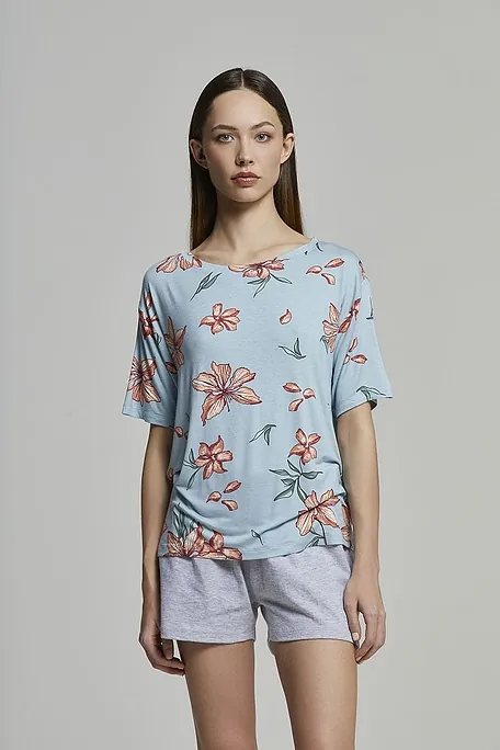 ΓΥΝΑΙΚΕΙΑ ΚΟΝΤΗ ΠΙΤΖΑΜΑ ΒΑΜΒΑΚΕΡΗ ΚΑΙ ΒΙΣΚΟΖΗ ΜΕ FLORAL ΣΧΕΔΙΟ ΚΑΙ ΛΑΣΤΙΧΟ ΣΤΗ ΜΕΣΗ - PJ LUDMILLA