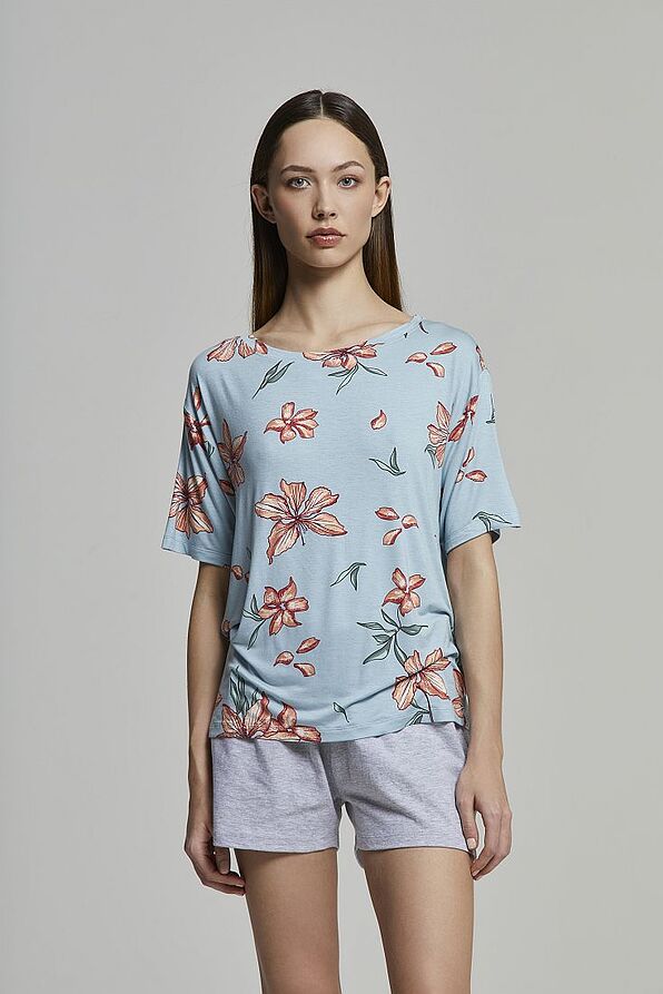 WOMAN SHORT PYJAMAS OF COTTON AND VISCOSE FABRIC WITH FLORAL PRINT AND SMOCKED WAIST - PJ LUDMILLA