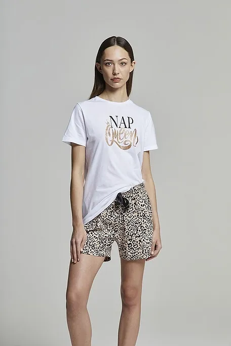 PJ CLAUDIA ΓΥΝΑΙΚΕΙΑ ΚΟΝΤΗ ΒΑΜΒΑΚΕΡΗ ΠΙΤΖΑΜΑ ΜΕ ANIMAL ΣΧΕΔΙΟ ΚΑΙ GLITTER ΣΤΑΜΠΑ QUEEN