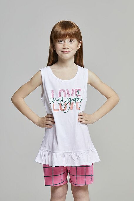 GIRL SHORT COTTON JERSEY PYJAMAS WITH FLOUNCE AT THE TOP TARTAN PATTERN BACK POCKET AND GLITTER PLACED STAMP - PJ DELIA