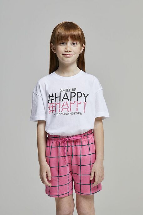 GIRL SHORT COTTON PYJAMAS WITH TARTAN PATTERN SHORTS BACK POCKET AND HAPPY GLITTER PLACED STAMP - PJ MAGDA