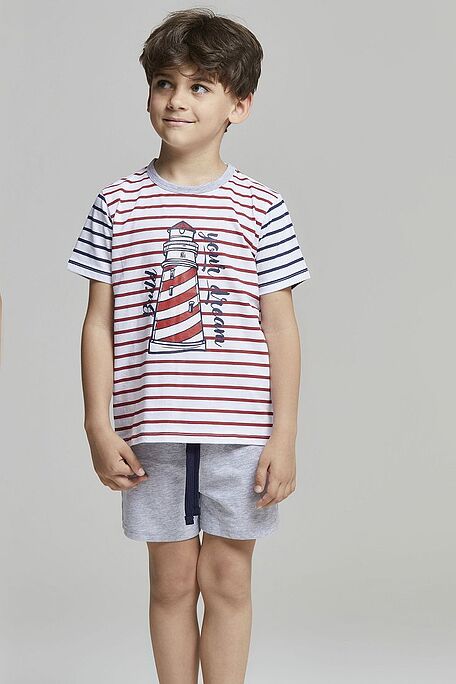 BOY SHORT COTTON JERSEY PYJAMAS WITH BACK POCKET STRIPE PATTERN AND COMPASS PLACED PRINT - PJ SAMUELE