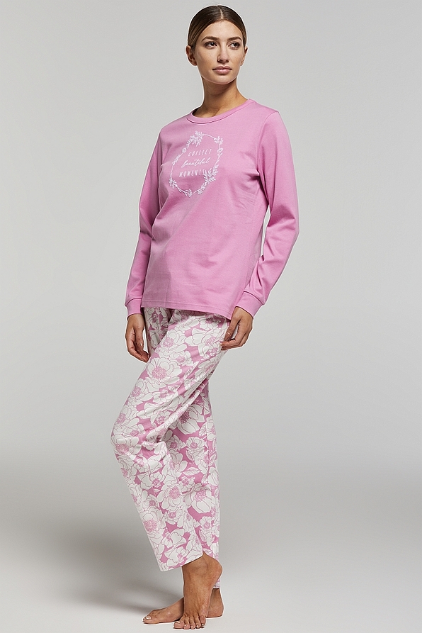 WOMAN COTTON INTERLOCK PYJAMAS WITH FLORAL PANTS BACK POCKET AND FLOCKED PRINTED BLOUSE-PJ MARTINA