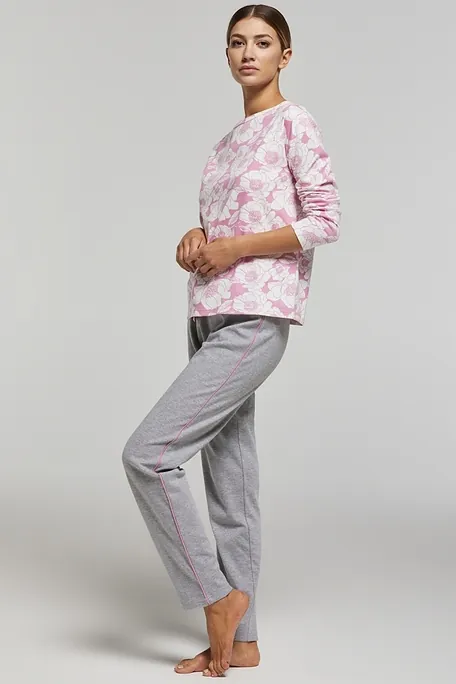 WOMAN COTTON INTERLOCK PYJAMAS WITH FLORAL TOP & PANTS WITH BACK POCKET-PJ AURORA
