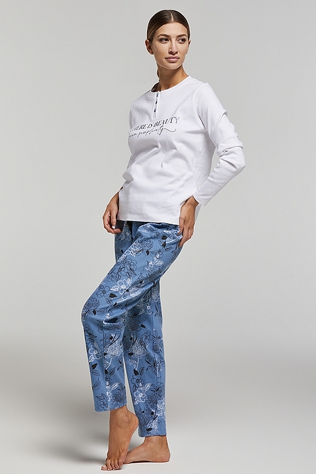 WOMAN COTTON INTERLOCK PYJAMAS WITH GLITTER PRINT & FLORAL PANTS WITH BACK POCKET-PJ VIOLA