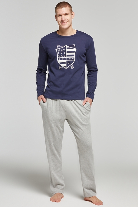 MAN COTTON INTERLOCK PYJAMAS PLAIN WITH PLACED EMBLEM PRINT & SIDE POCKETS-PJ WALTER