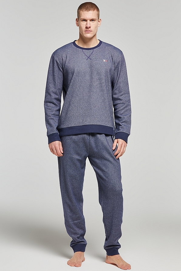 MAN COTTON PYJAMAS WITH INTERNAL FLANNEL STRIPY PATTERN RIBBED CUFFED SLEEVES & BACK POCKET-PJ NICOLA