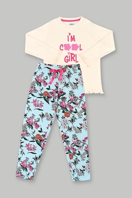 GIRL PYJAMAS WITH FLORAL VISCOSE PANTS AND COTTON INTERLOCK TOP WITH GLITTER PRINT-PJ ZELDA
