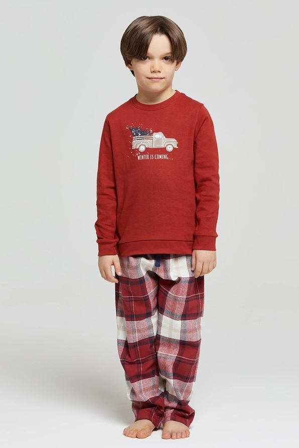 BOY COTTON INTERLOCK PYJAMAS X-MAS PRINT WITH TARTAN FLANNEL PANTS WITH BACK POCKET-PJ BOB