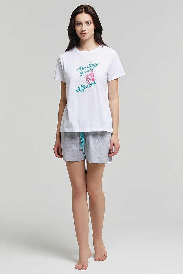 WOMAN SHORT COTTON PYJAMAS WITH BACK POCKET ADJUSTABLES WAIST DRAWSTRINGS & TOP WITH GLITTER PRINT-PJ TANIA