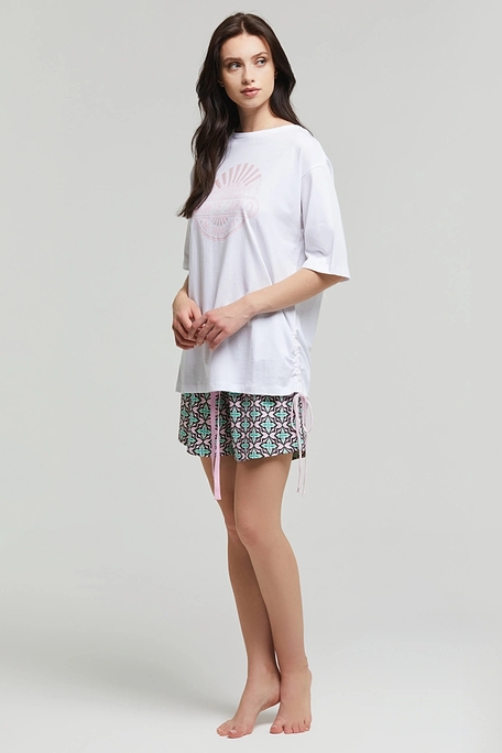WOMAN SHORT COTTON PYJAMAS WITH FLORAL SHORTS & TOP WITH ADJUSTABLE SIDE TIE