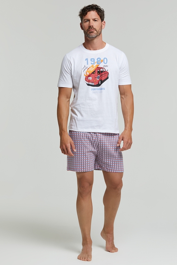 MAN SHORT COTTON PYJAMAS WITH PIED DE POULE SHORTS AND TOP WITH SURF" PRINT-PJ REMIGIO