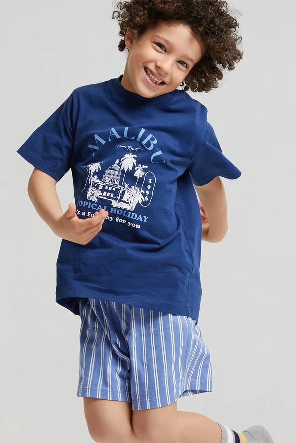 BOY SHORT COTTON PYJAMAS WITH STRIPY SHORTS AND TOP "MALIBU" PRINT-PJ LUIGI