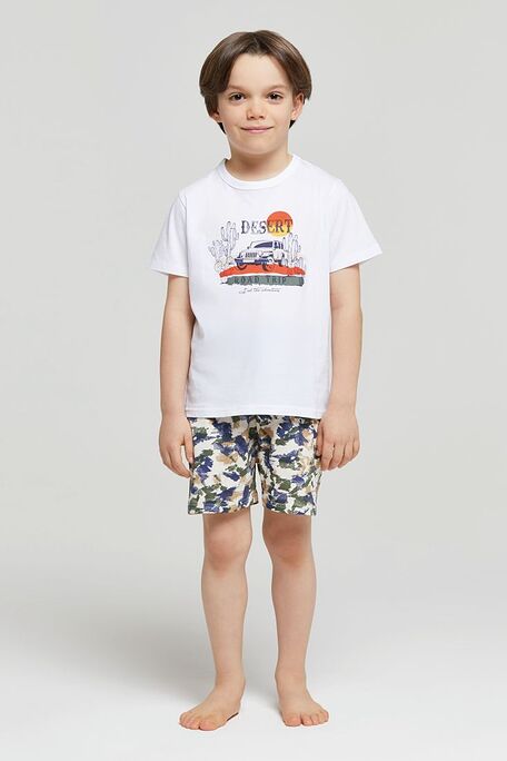 BOY SHORT COTTON PYJAMAS WITH CAMO SHORTS WITH ADJUSTABLE WAISTSTRINGS BACK POCKET & TOP WITH PRINT-PJ SILVIO