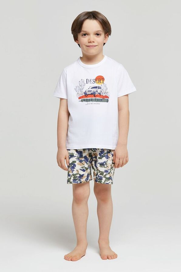 BOY SHORT COTTON PYJAMAS WITH CAMO SHORTS WITH ADJUSTABLE WAISTSTRINGS BACK POCKET & TOP WITH PRINT-PJ SILVIO