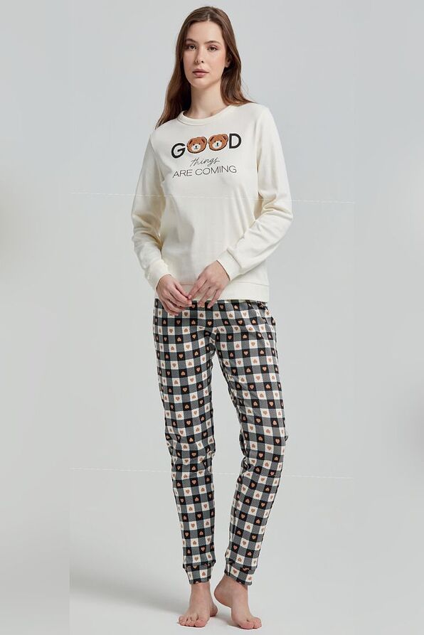 WOMAN COTTON INTERLOCK PYJAMAS CHECKERED PANTS WITH BACK POCKET DRAWSTRING WAIST & TOP WITH TEDDY-BEAR PRINT-GALLES