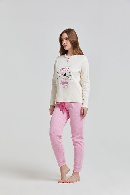 WOMAN COTTON INTERLOCK PYJAMAS SERAPH NECKLINE CRAZY CAT LUREX PRINT PANTS WITH DRAWSTRING WAIST & BACK POCKET-MANITOBA