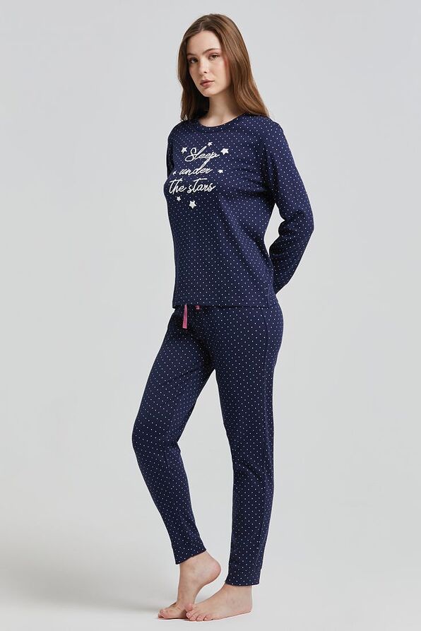 WOMAN COTTON INTERLOCK PYJAMAS DOTS PRINT 3-D PUFF SLEEP UNDER STARS & PANTS WITH BACK POCKET-BRETAGNA