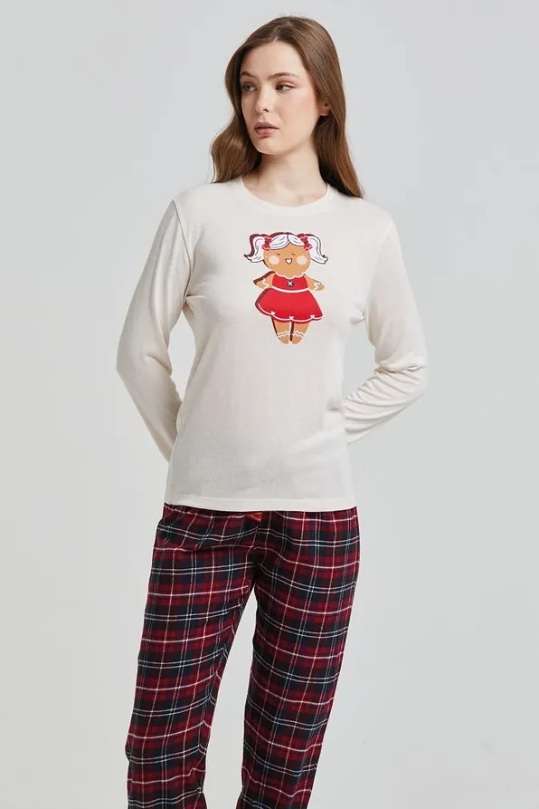 WOMAN VISCOSE PYJAMAS WITH GINGERBREAD CHRISTMAS PRINT & CHECKERED PANTS OF COTTON FLANNEL-BELGIO
