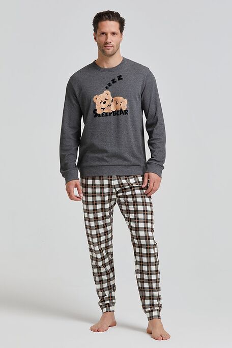 MAN INTERLOCK COTTON LONG PYJAMAS CHECKERED PANTS WITH BACK POCKET DRAWSTRING WAIST & PRINTED SLEEPBEAR TOP-PJ SCOZIA
