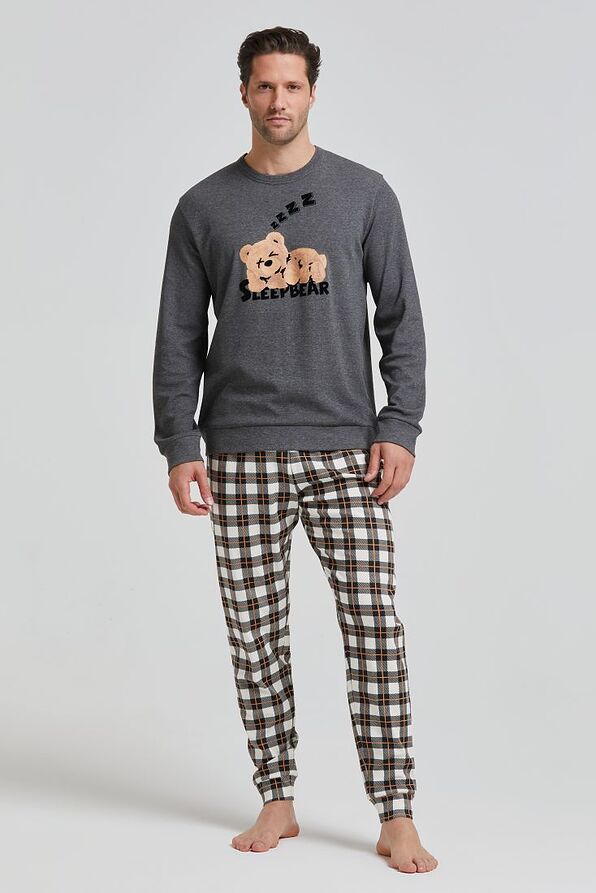 MAN INTERLOCK COTTON LONG PYJAMAS CHECKERED PANTS WITH BACK POCKET DRAWSTRING WAIST & PRINTED SLEEPBEAR TOP-PJ SCOZIA